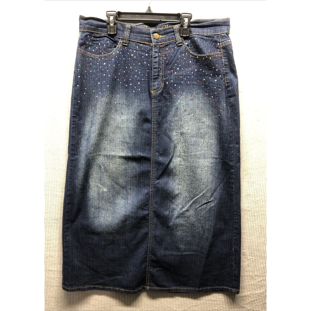 Jamie Nicole Denim Midi Skirt Women’s 14 Distressed Rainbow Rhinestone Y2K Bling